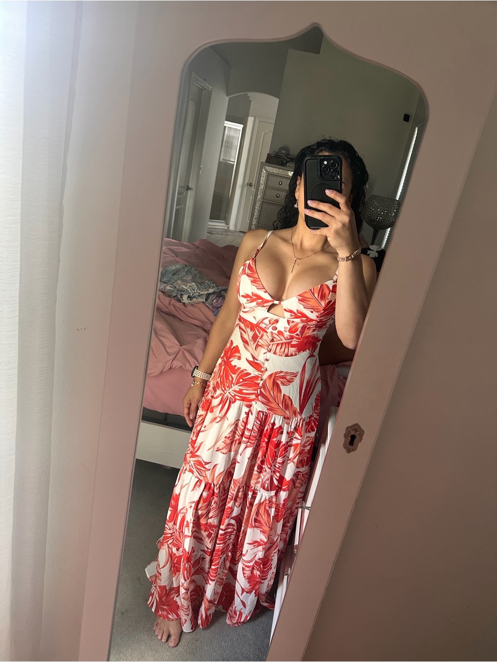 Red Tropical Print Maxi Dress with Spaghetti Straps